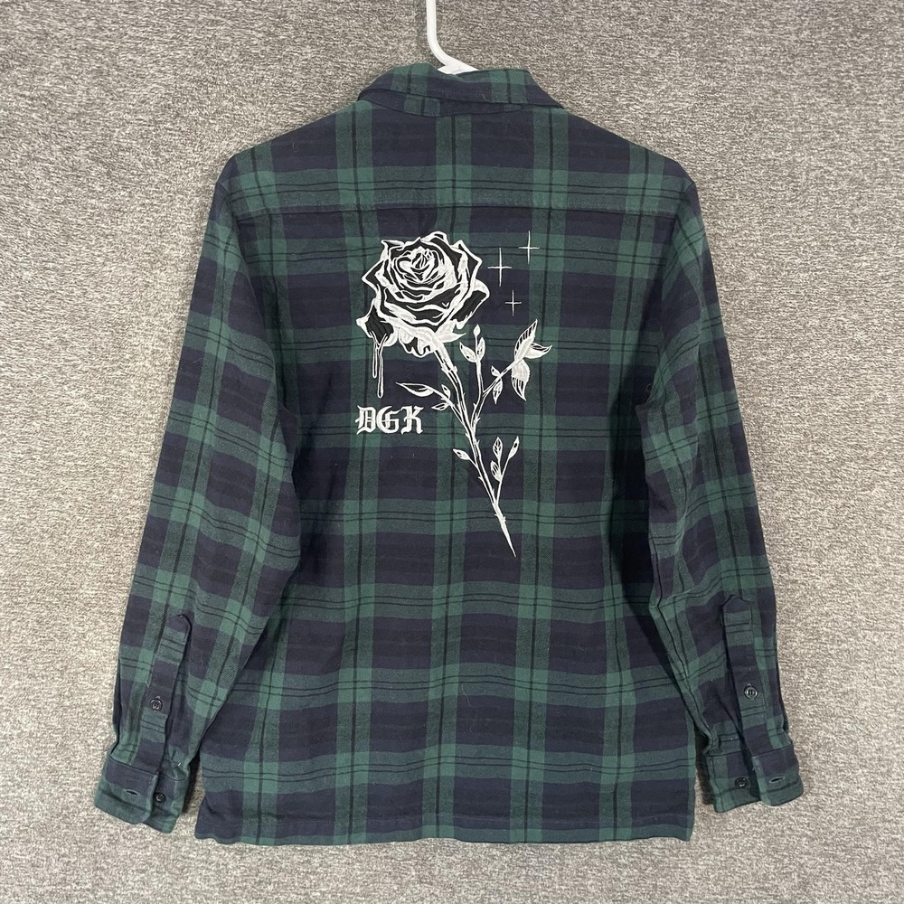 DGK Jacket Men S Shacket Green Plaid Flannel Full Zip Rose Graphic Skateboarding